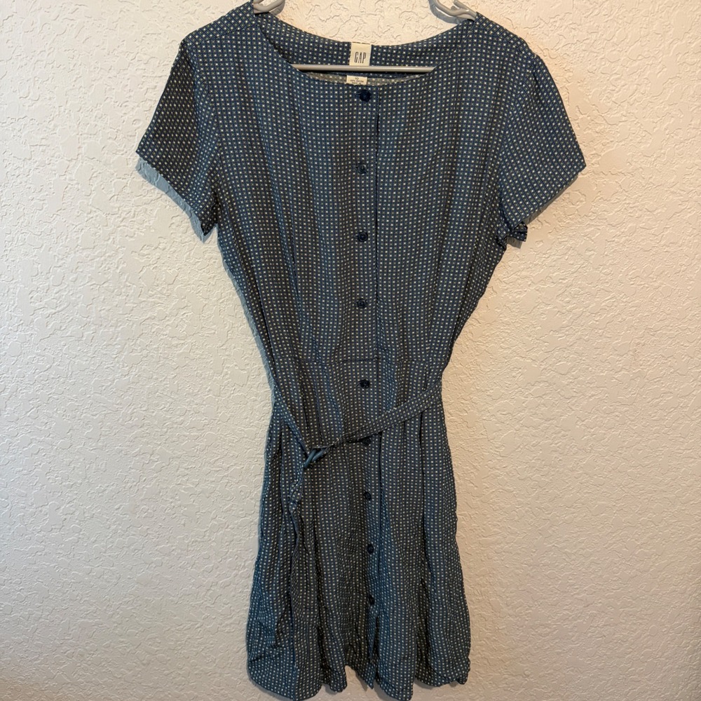 GAP Vintage Geometric Button Front Tie Waist Dress 10 Blue Green 90s Aesthetic